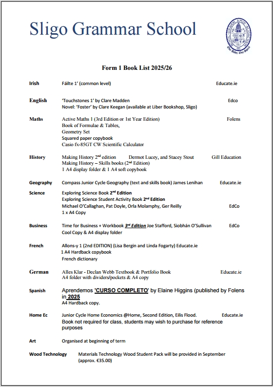 Sligo-Grammar-School-Book-List-Form-1-image