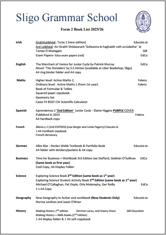Sligo-Grammar-School-Book-List-Form-2-image