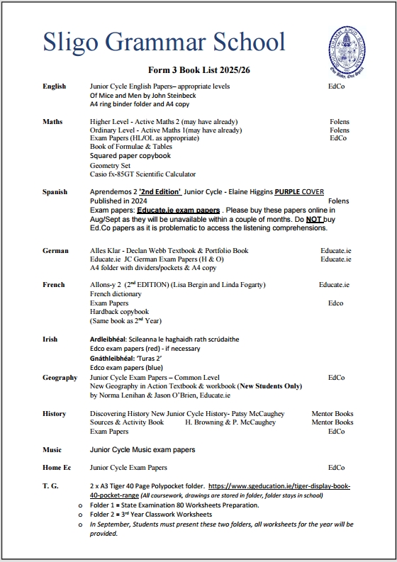 Sligo-Grammar-School-Book-List-Form-3-image