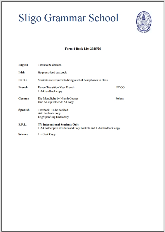 Sligo-Grammar-School-Book-List-Form-4-image