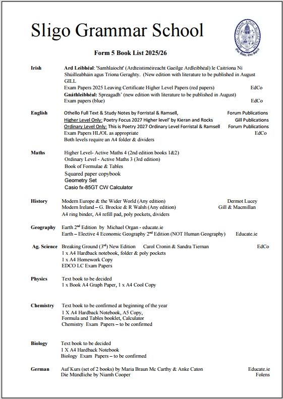 Sligo-Grammar-School-Book-List-Form-5-image