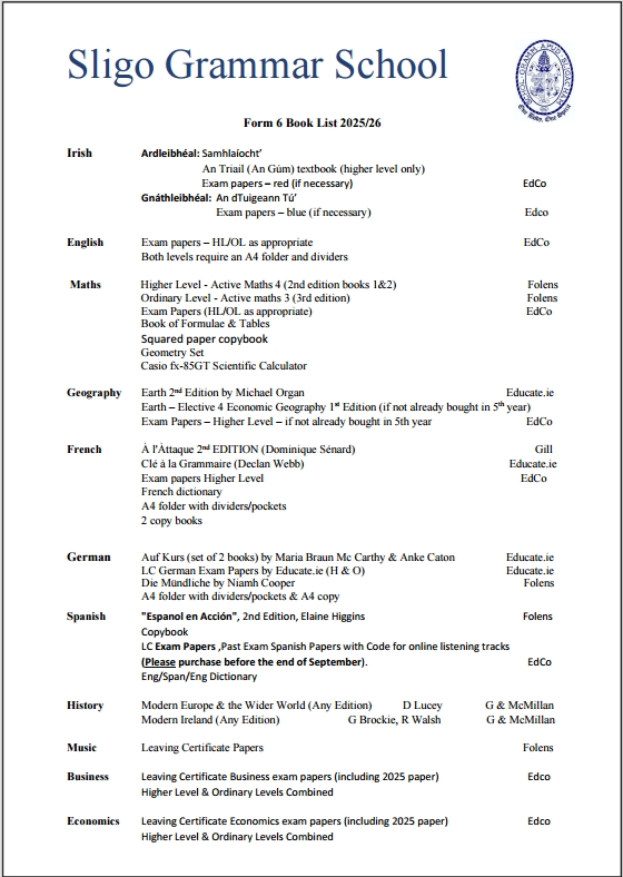 Sligo-Grammar-School-Book-List-Form-6-image